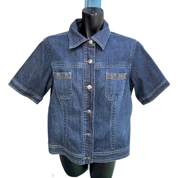 Chico's Denim Jeans Jacket Beading Dark Wash Button Front Short Sleeve Blue 2 - Picture 1 of 11
